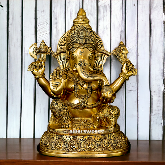 Pure Brass Ganesha Sitting with Blessing idol - 15 inches Nikuressence