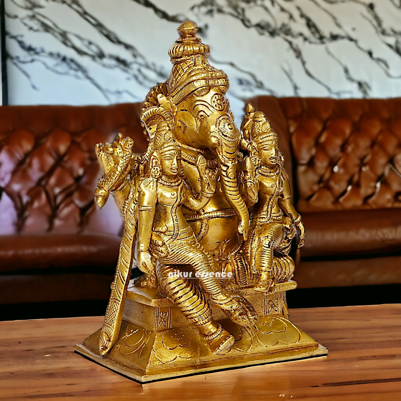 Lord Ganesha with Riddhi Siddhi Sitting Solid Brass idol - 7 inches Nikuressence