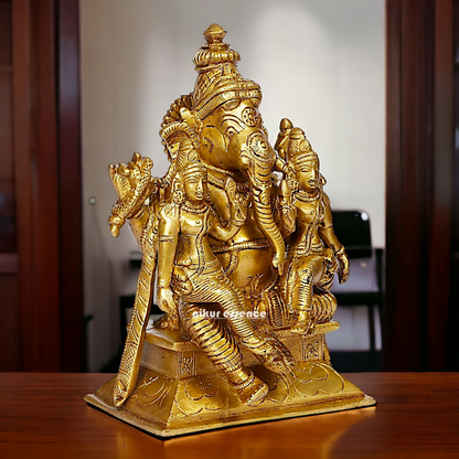 Lord Ganesha with Riddhi Siddhi Sitting Solid Brass idol - 7 inches Nikuressence