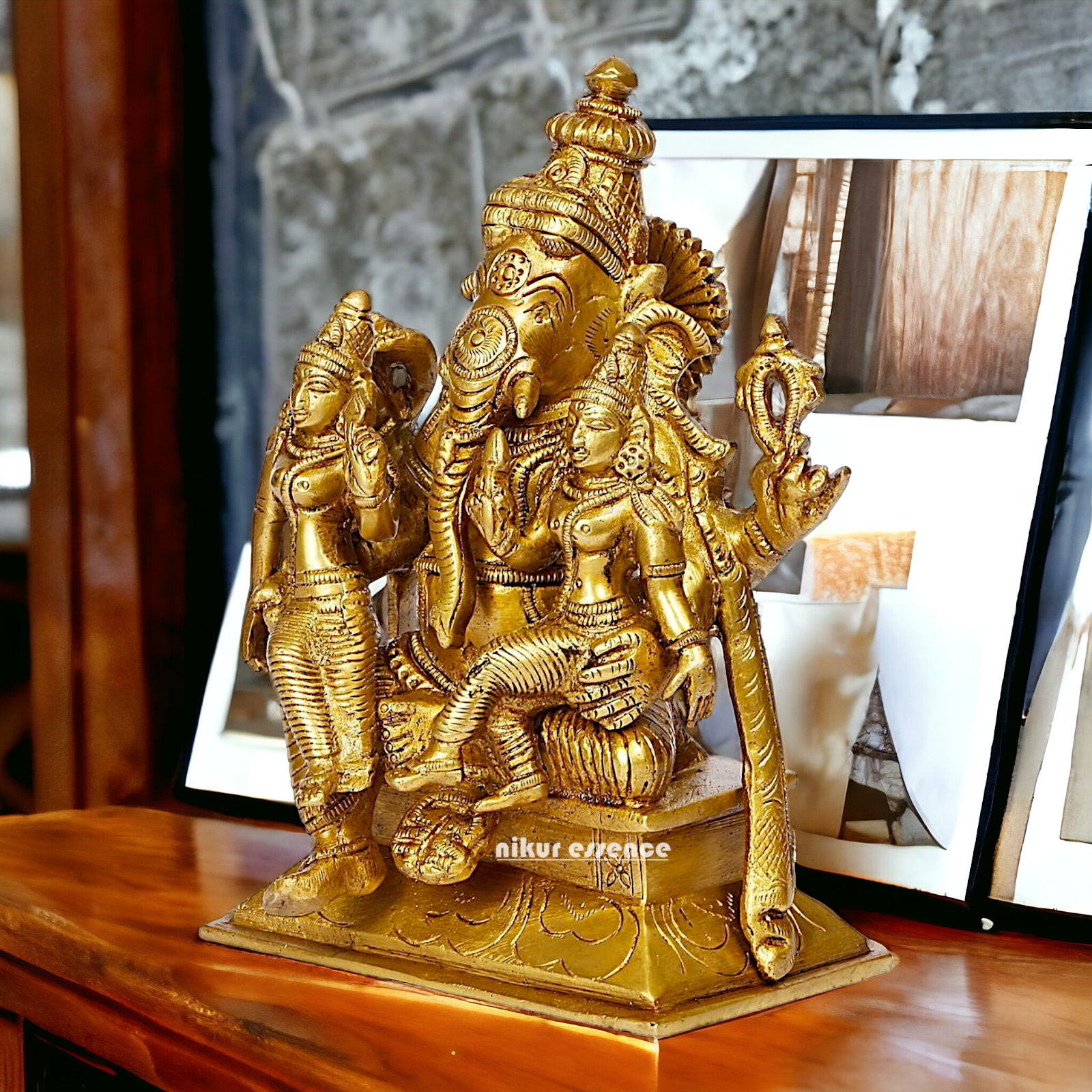 Lord Ganesha with Riddhi Siddhi Sitting Solid Brass idol - 7 inches Nikuressence