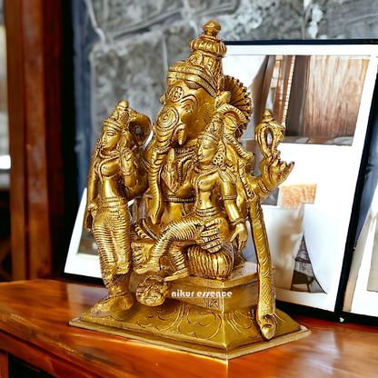Lord Ganesha with Riddhi Siddhi Sitting Solid Brass idol - 7 inches Nikuressence