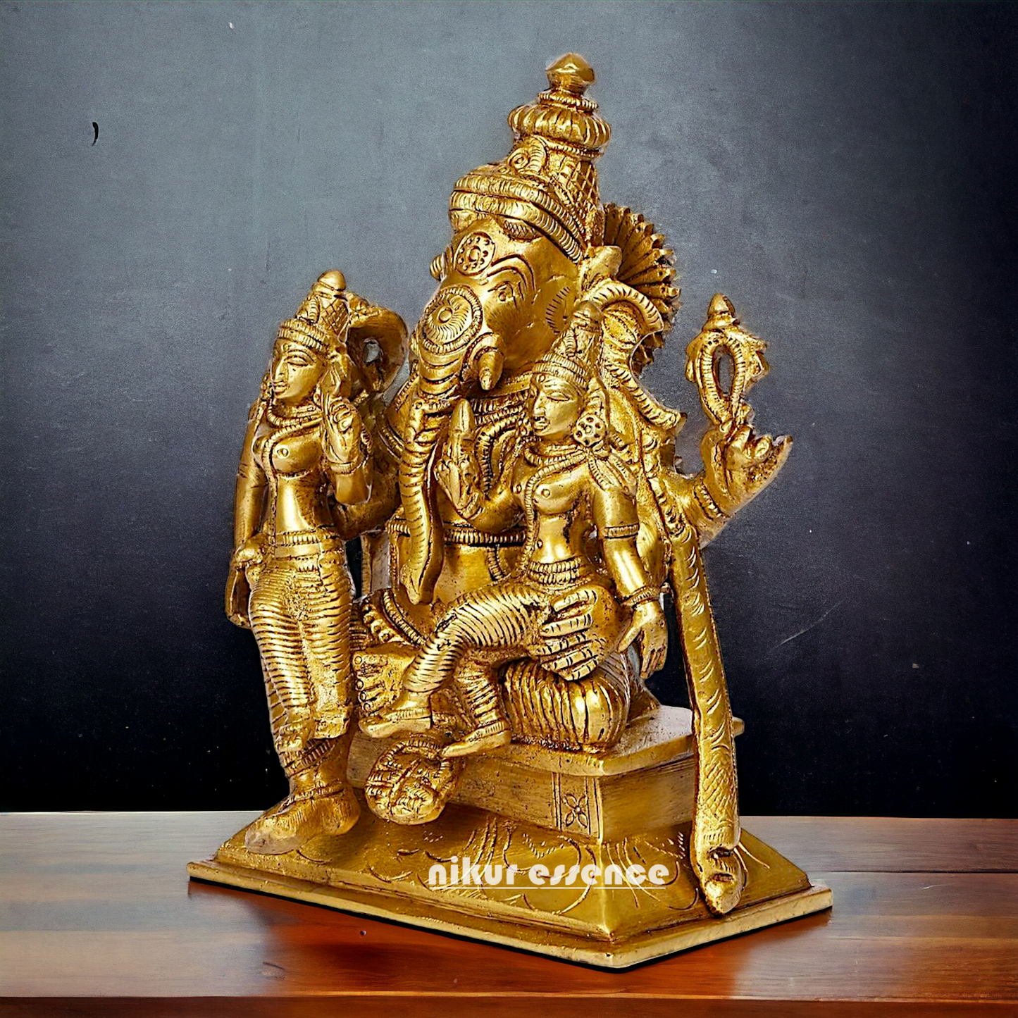 Lord Ganesha with Riddhi Siddhi Sitting Solid Brass idol - 7 inches Nikuressence