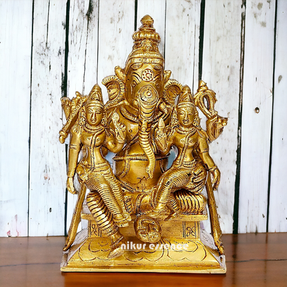 Lord Ganesha with Riddhi Siddhi Sitting Solid Brass idol - 7 inches Nikuressence