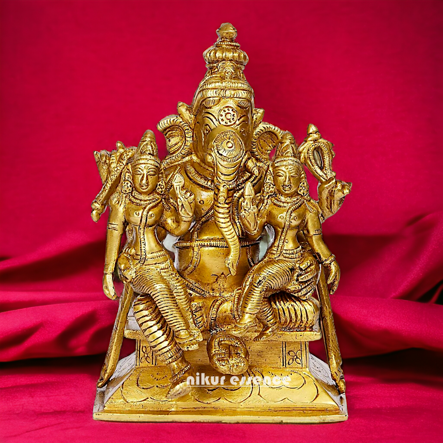 Lord Ganesha with Riddhi Siddhi Sitting Solid Brass idol - 7 inches Nikuressence