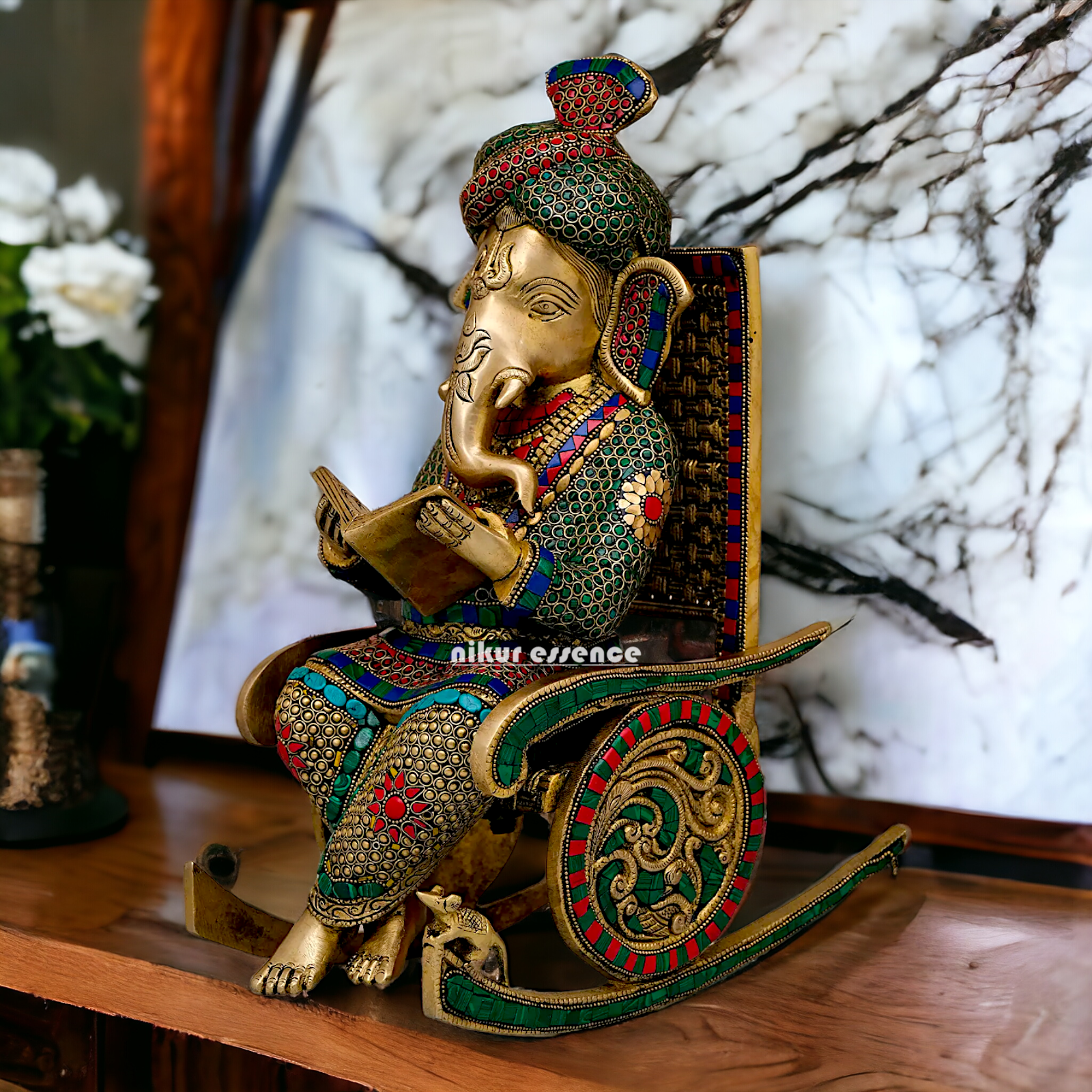 Shop Ganesha seated on chair Brass with Stone Work idol - 16 inches Nikuressence