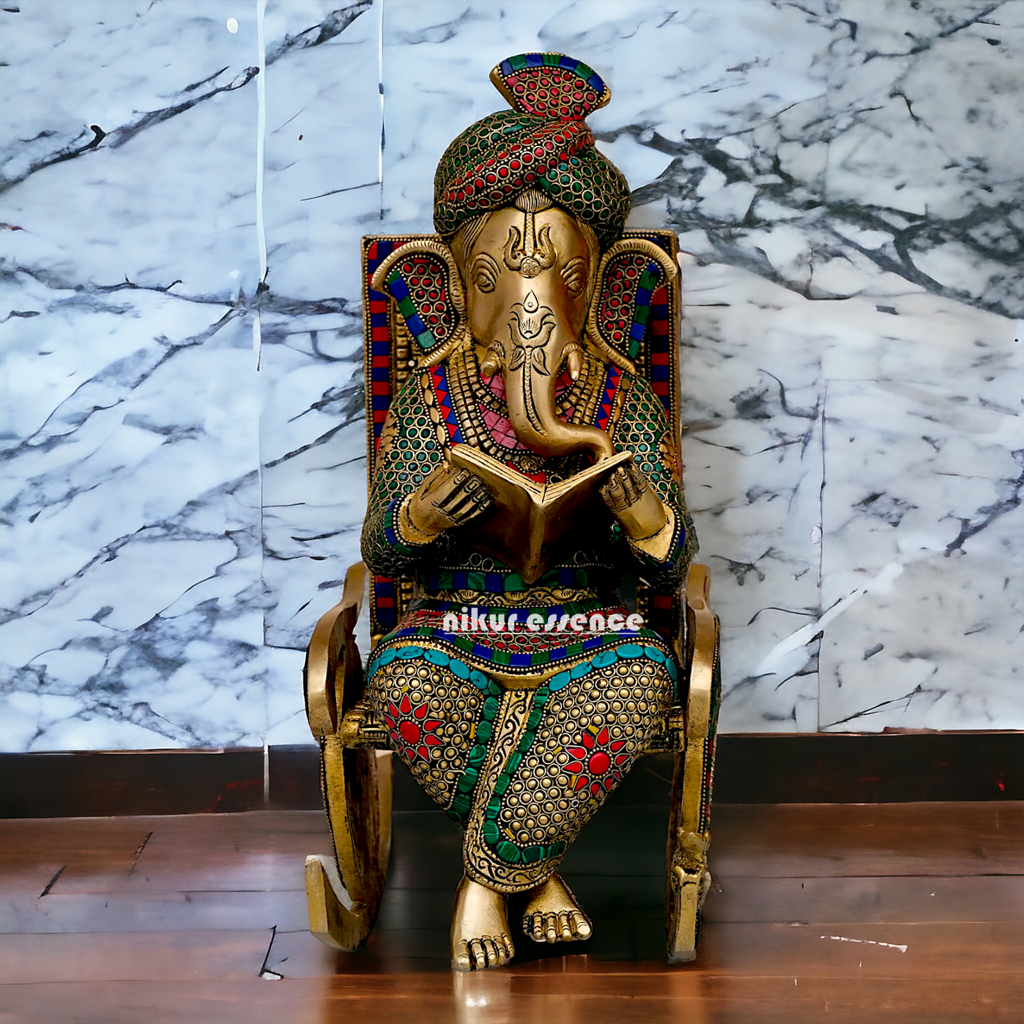 Shop Ganesha seated on chair Brass with Stone Work idol - 16 inches Nikuressence