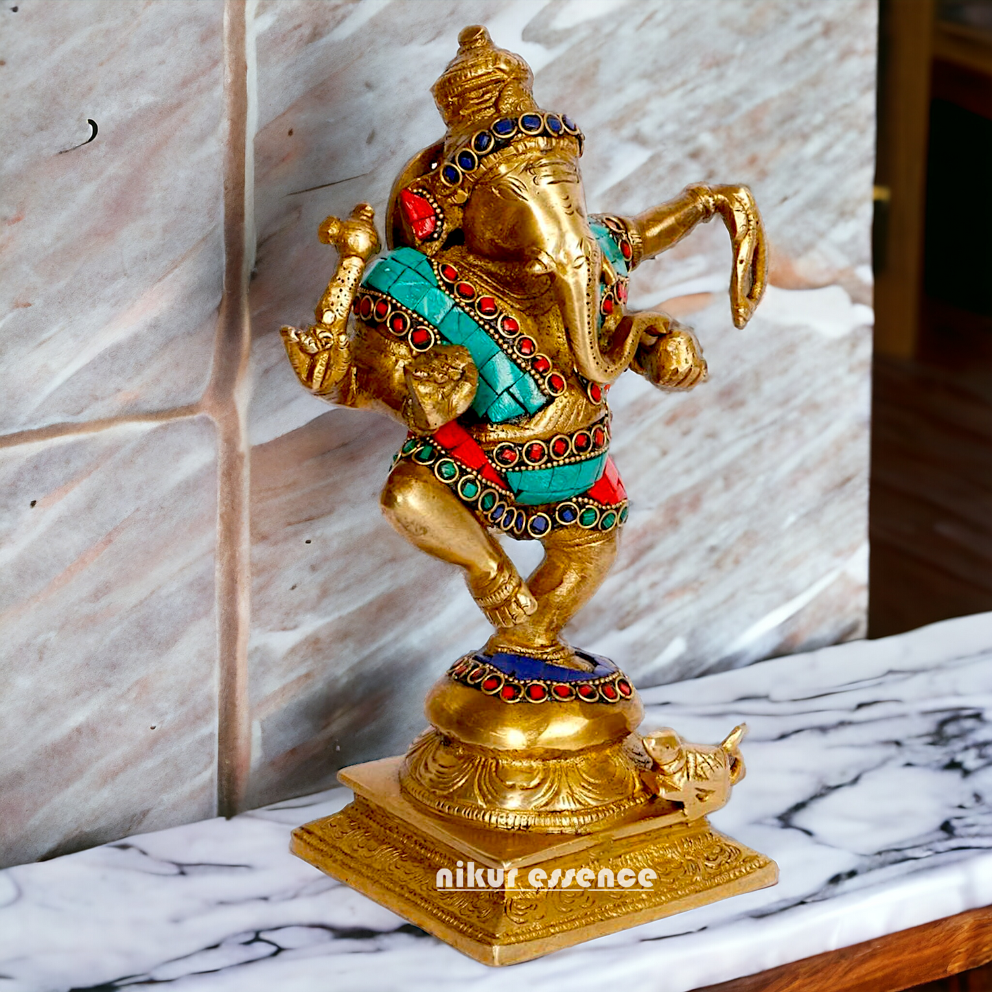 Shop Ganesha dancing Brass with Stone Work idol - 8.5 inches Nikuressence