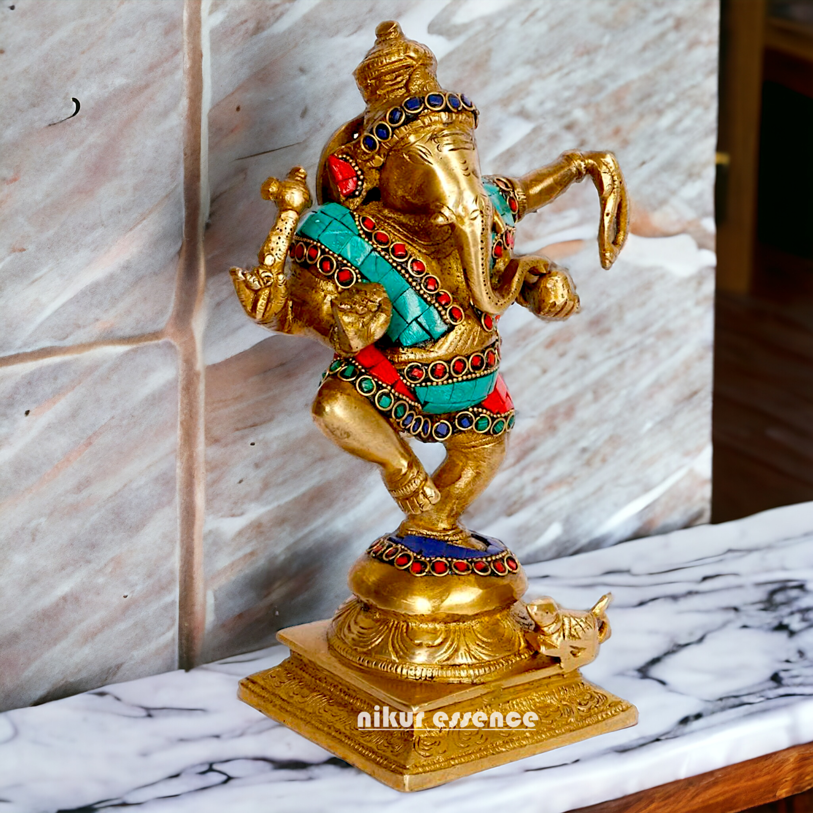 Shop Ganesha dancing Brass with Stone Work idol - 8.5 inches Nikuressence