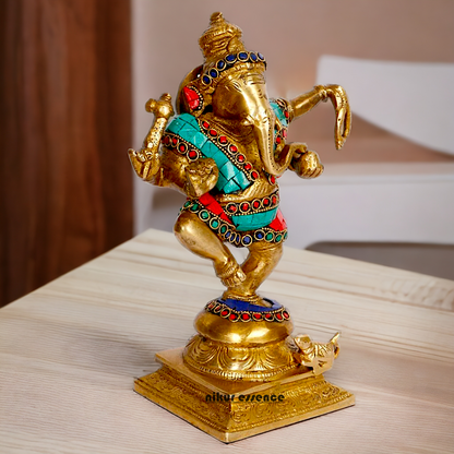 Shop Ganesha dancing Brass with Stone Work idol - 8.5 inches Nikuressence