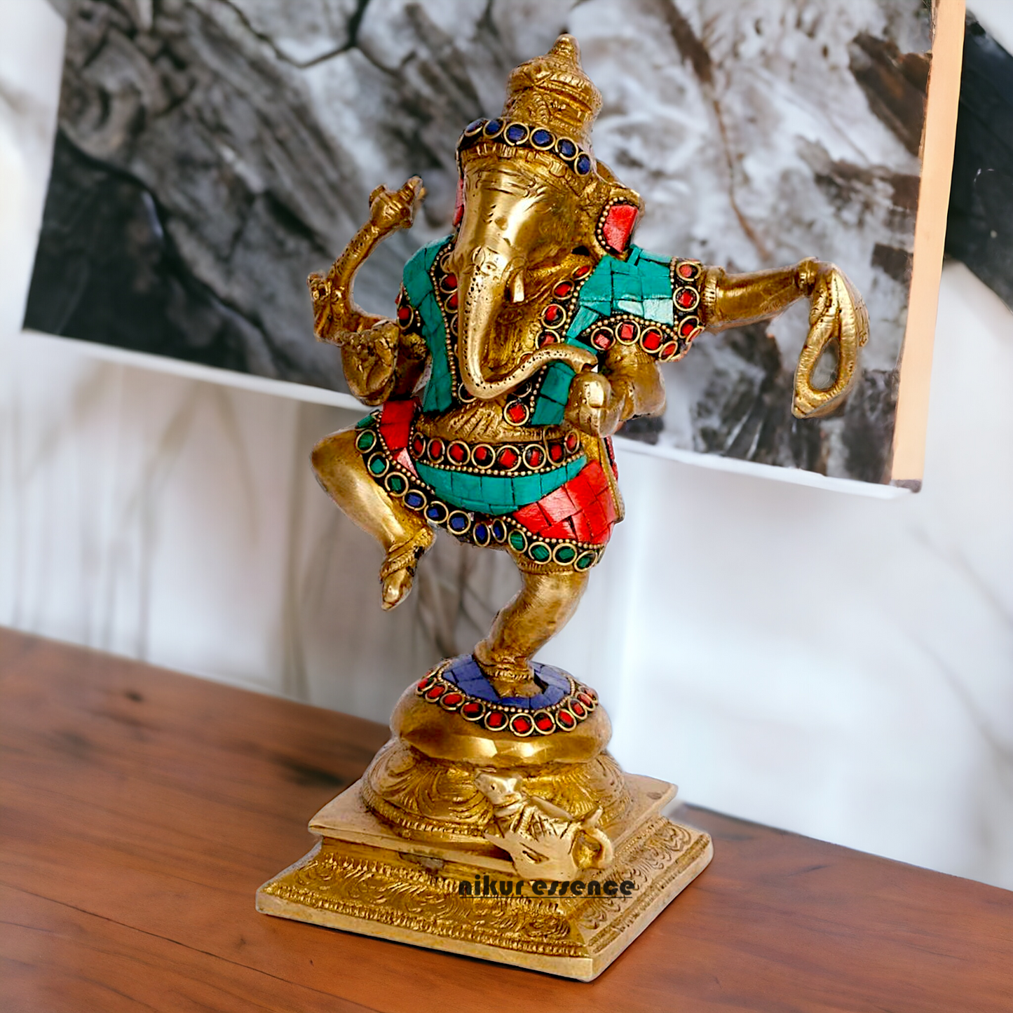 Shop Ganesha dancing Brass with Stone Work idol - 8.5 inches Nikuressence