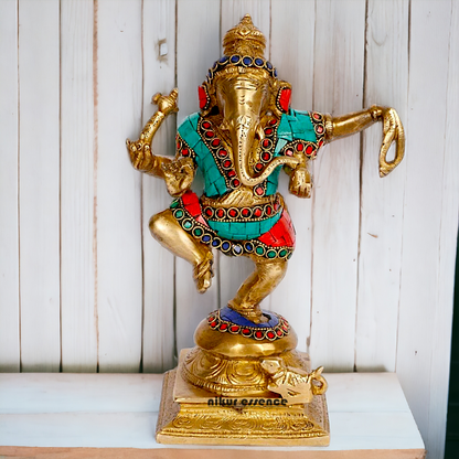 Shop Ganesha dancing Brass with Stone Work idol - 8.5 inches Nikuressence