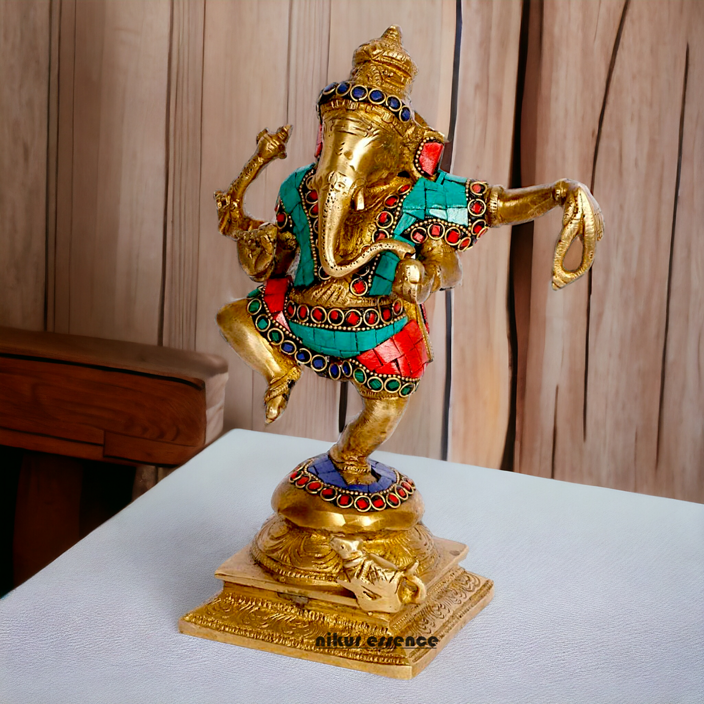 Shop Ganesha dancing Brass with Stone Work idol - 8.5 inches Nikuressence