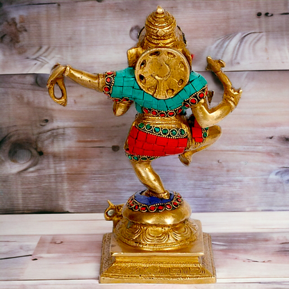 Shop Ganesha dancing Brass with Stone Work idol - 8.5 inches Nikuressence