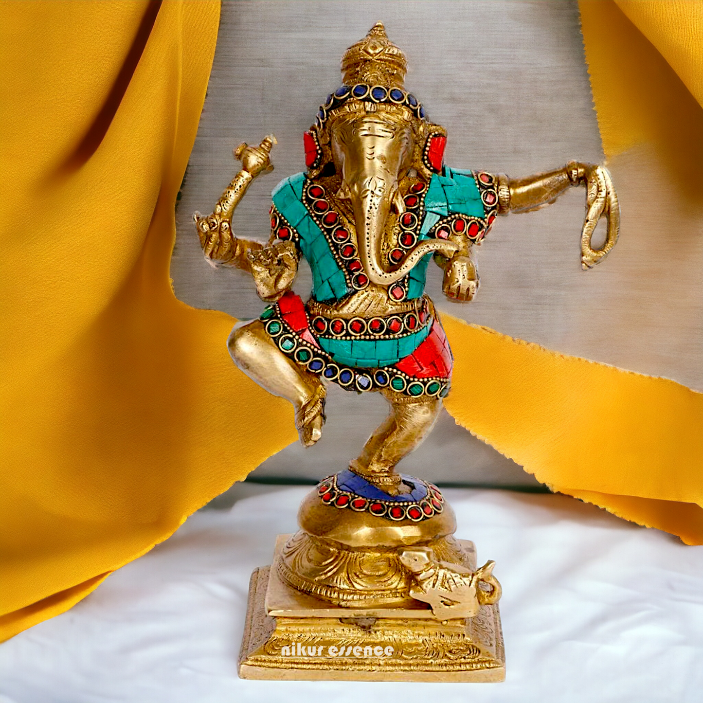 Shop Ganesha dancing Brass with Stone Work idol - 8.5 inches Nikuressence