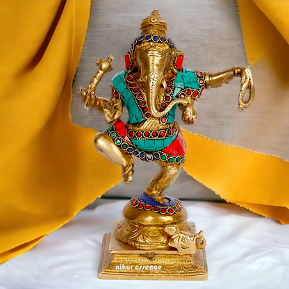 Shop Ganesha dancing Brass with Stone Work idol - 8.5 inches Nikuressence