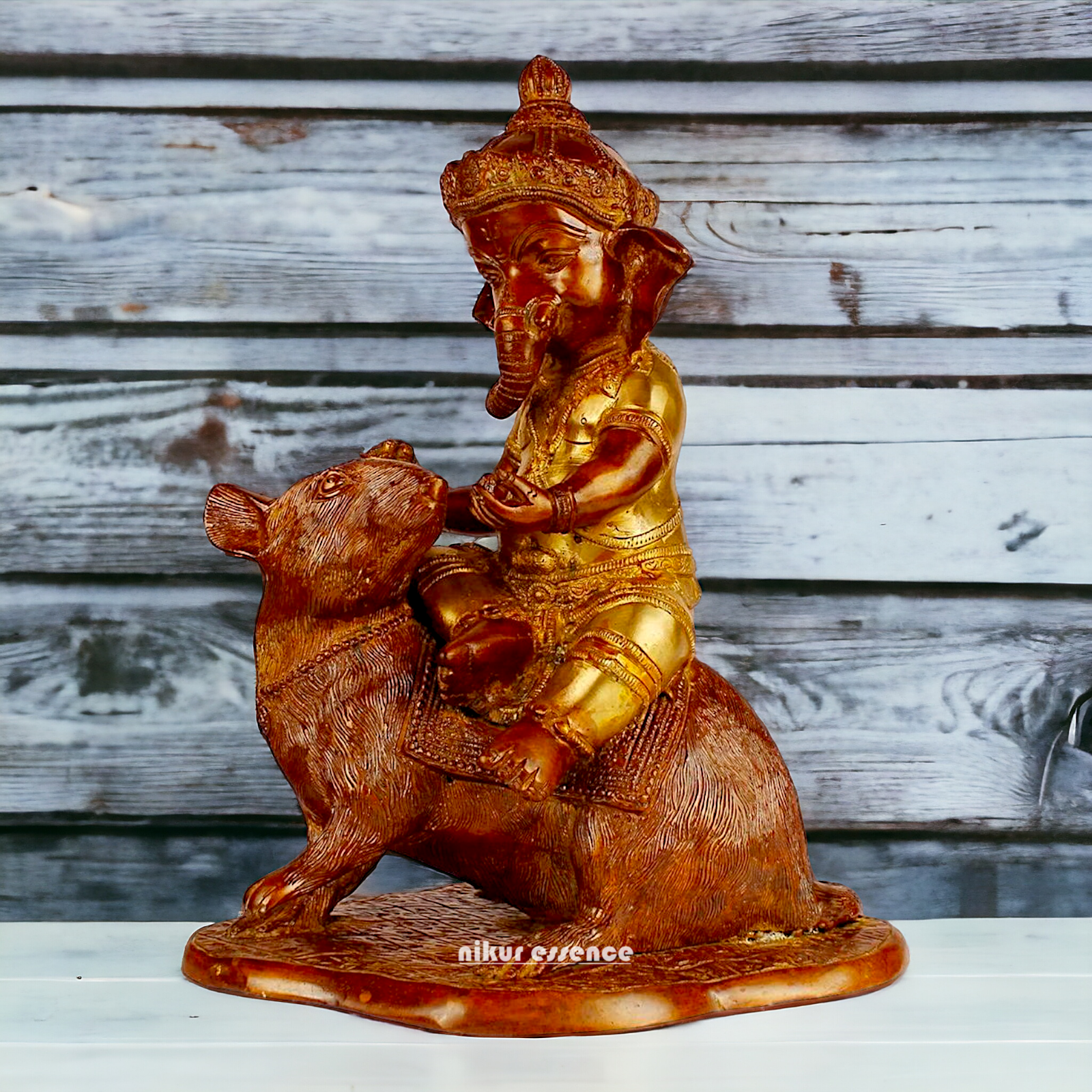 Brass Ganesha seated Mouse idol - 12 Inch Nikuressence