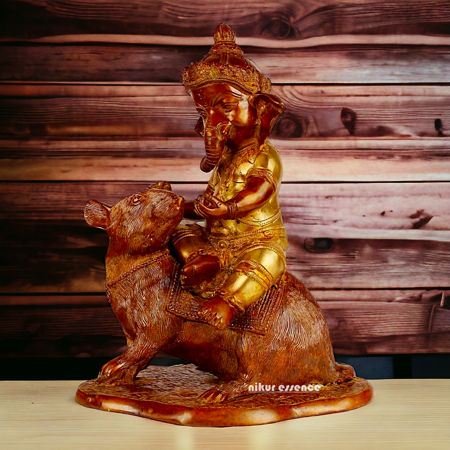 Brass Ganesha seated Mouse idol - 12 Inch Nikuressence