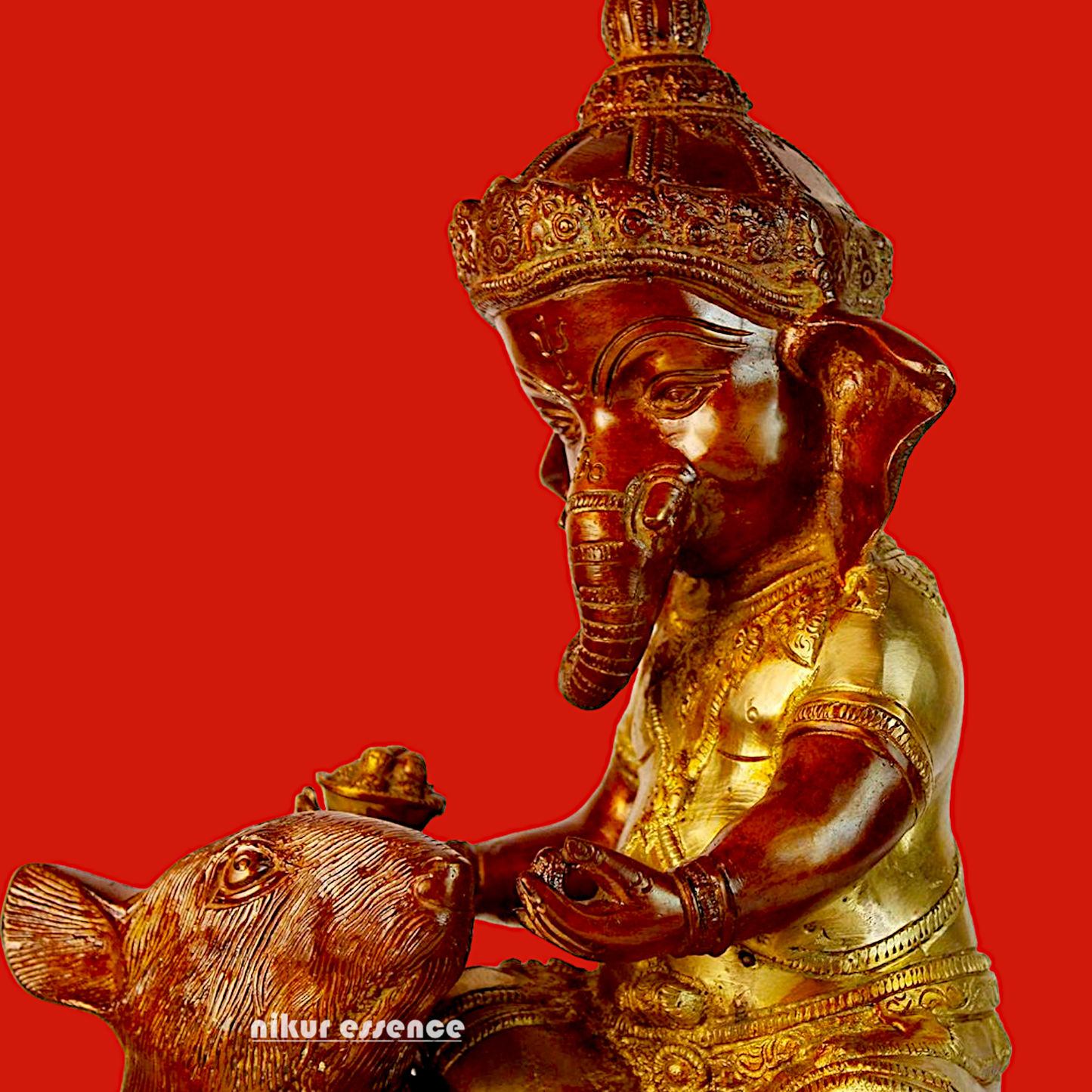 Brass Ganesha seated Mouse idol - 12 Inch Nikuressence