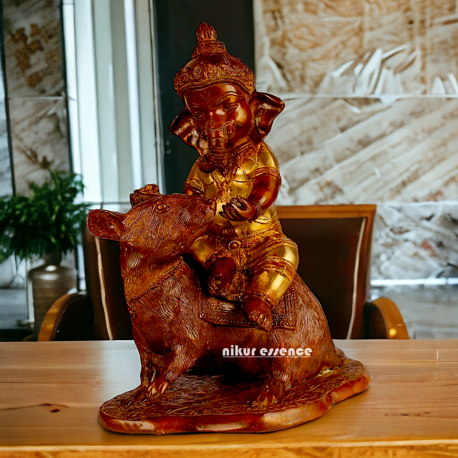 Brass Ganesha seated Mouse idol - 12 Inch Nikuressence