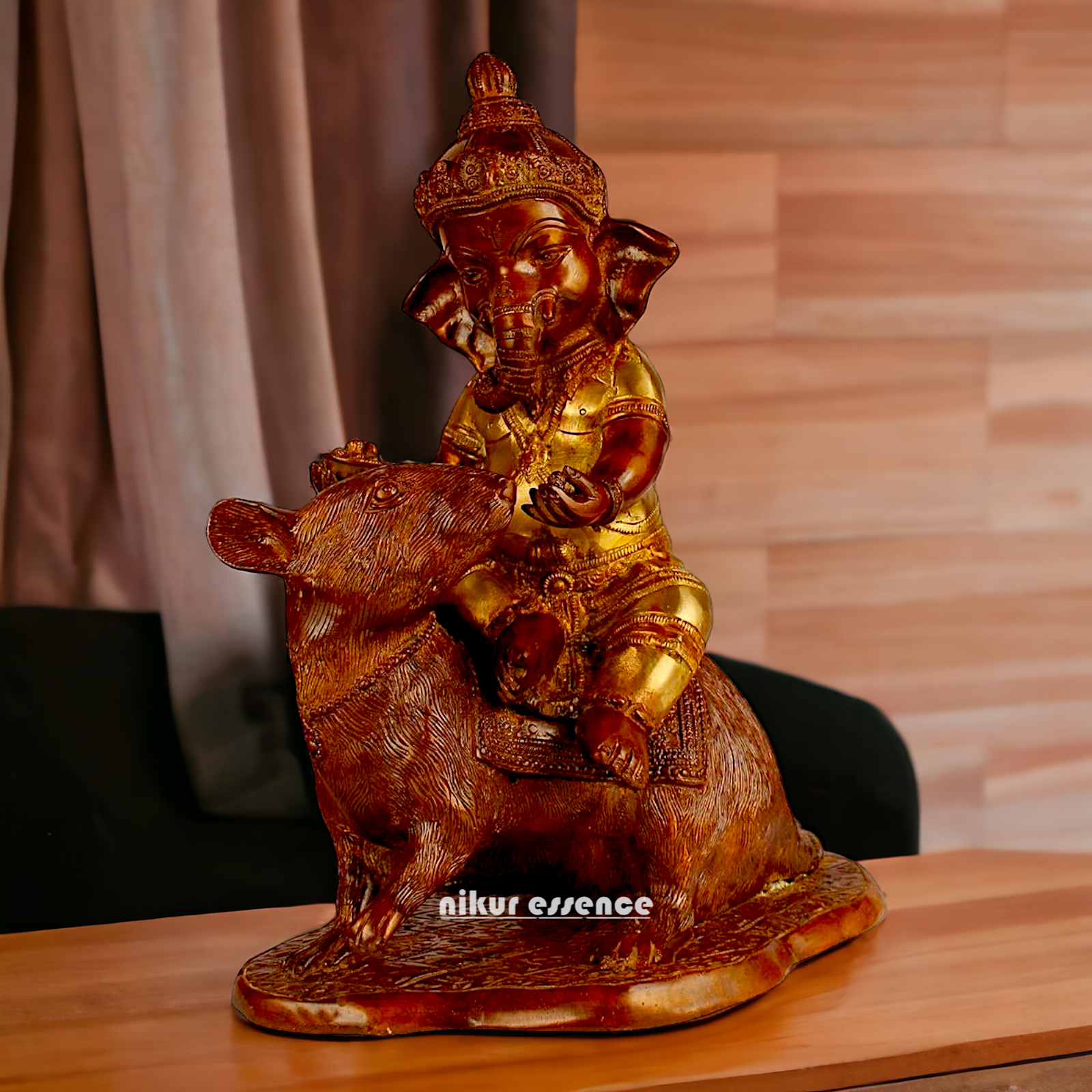 Brass Ganesha seated Mouse idol - 12 Inch Nikuressence