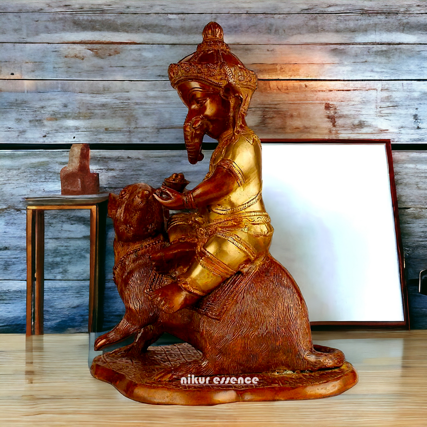 Brass Ganesha seated Mouse idol - 12 Inch Nikuressence