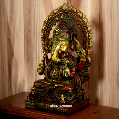 Buy Ganesha seated on Singhasan Brass idol - 21 inches Nikuressence