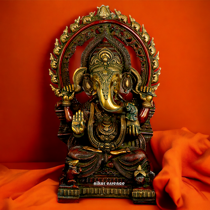 Buy Ganesha seated on Singhasan Brass idol - 21 inches Nikuressence