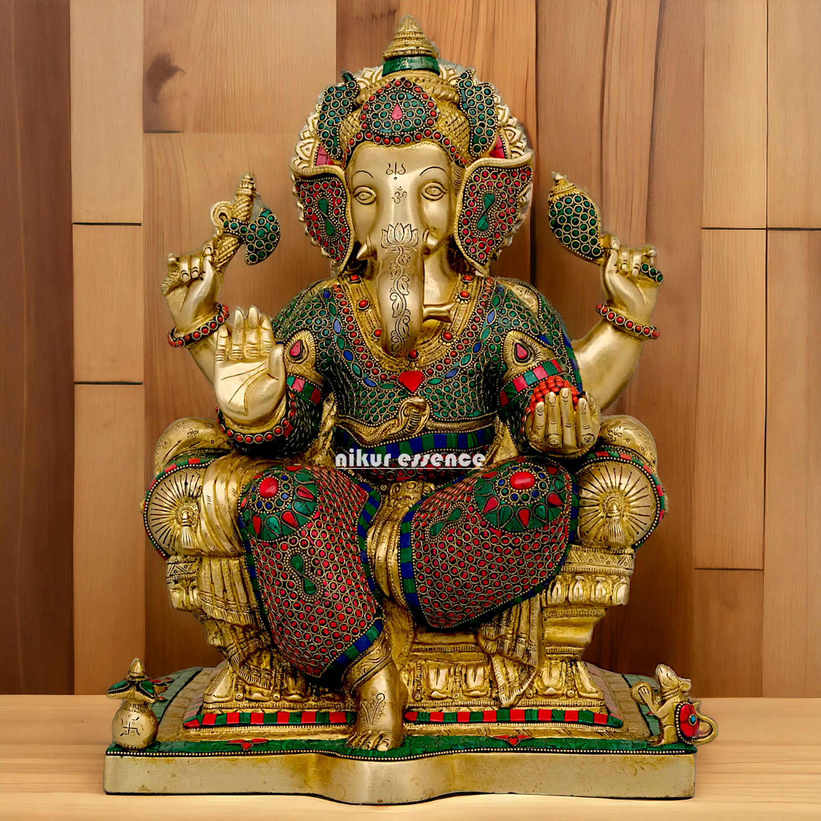 Big Ganesha Sitting on singhasan Brass with Stone Work idol - 18 Inch Nikuressence