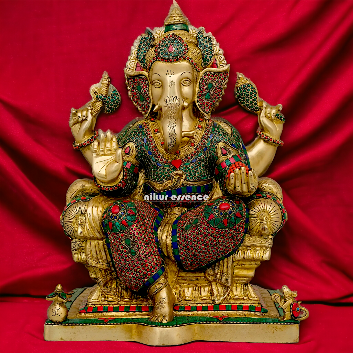 Big Ganesha Sitting on singhasan Brass with Stone Work idol - 18 Inch Nikuressence