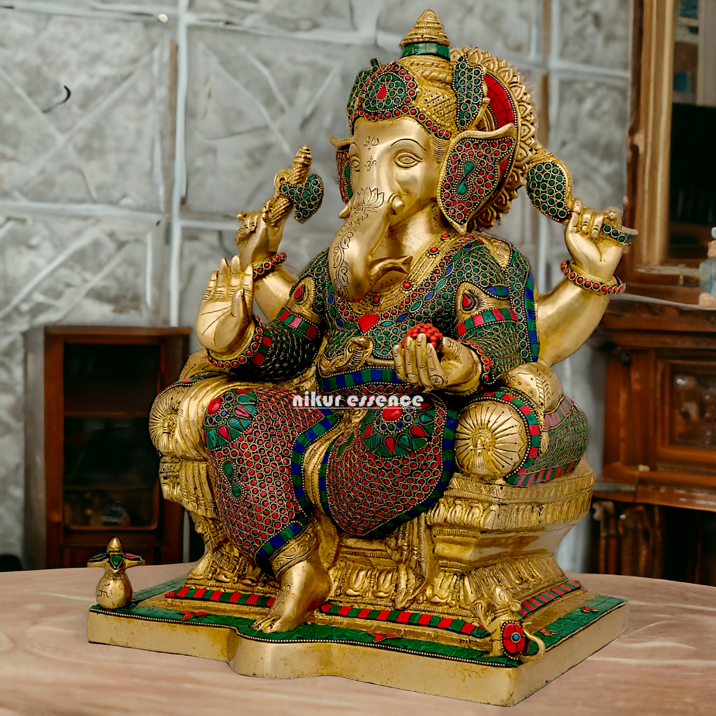 Big Ganesha Sitting on singhasan Brass with Stone Work idol - 18 Inch Nikuressence