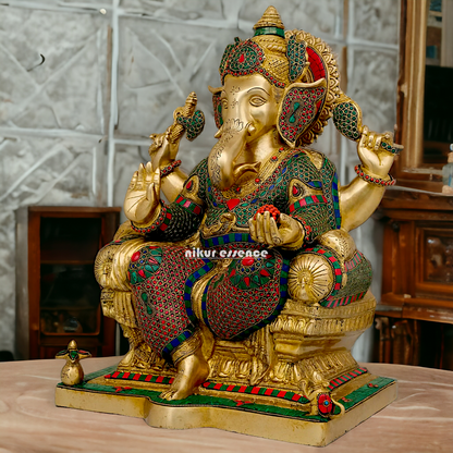 Big Ganesha Sitting on singhasan Brass with Stone Work idol - 18 Inch Nikuressence