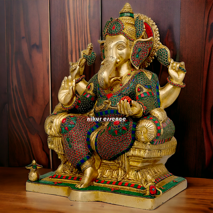 Big Ganesha Sitting on singhasan Brass with Stone Work idol - 18 Inch Nikuressence