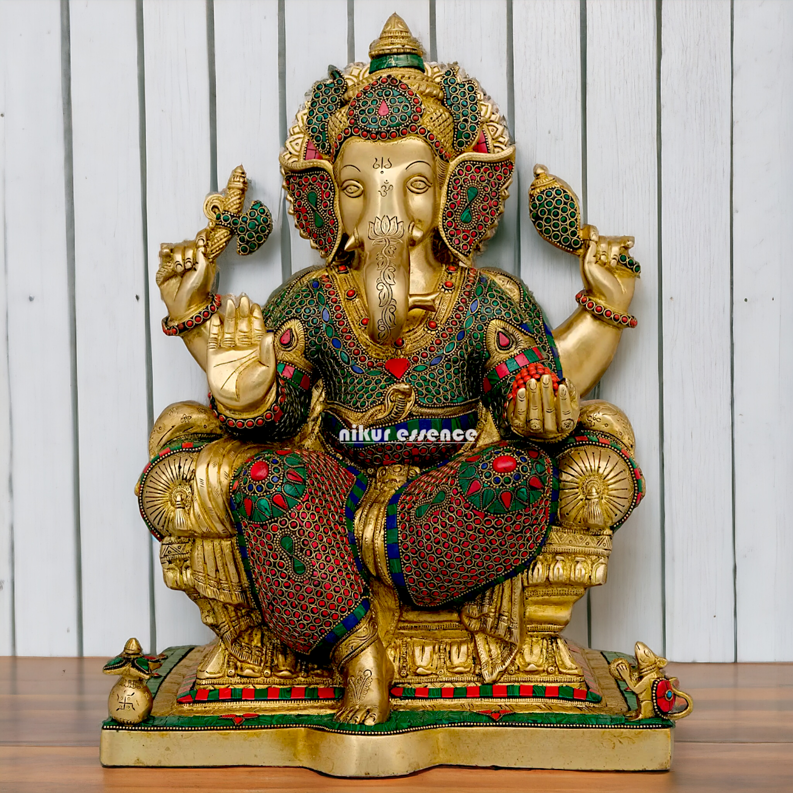 Big Ganesha Sitting on singhasan Brass with Stone Work idol - 18 Inch Nikuressence