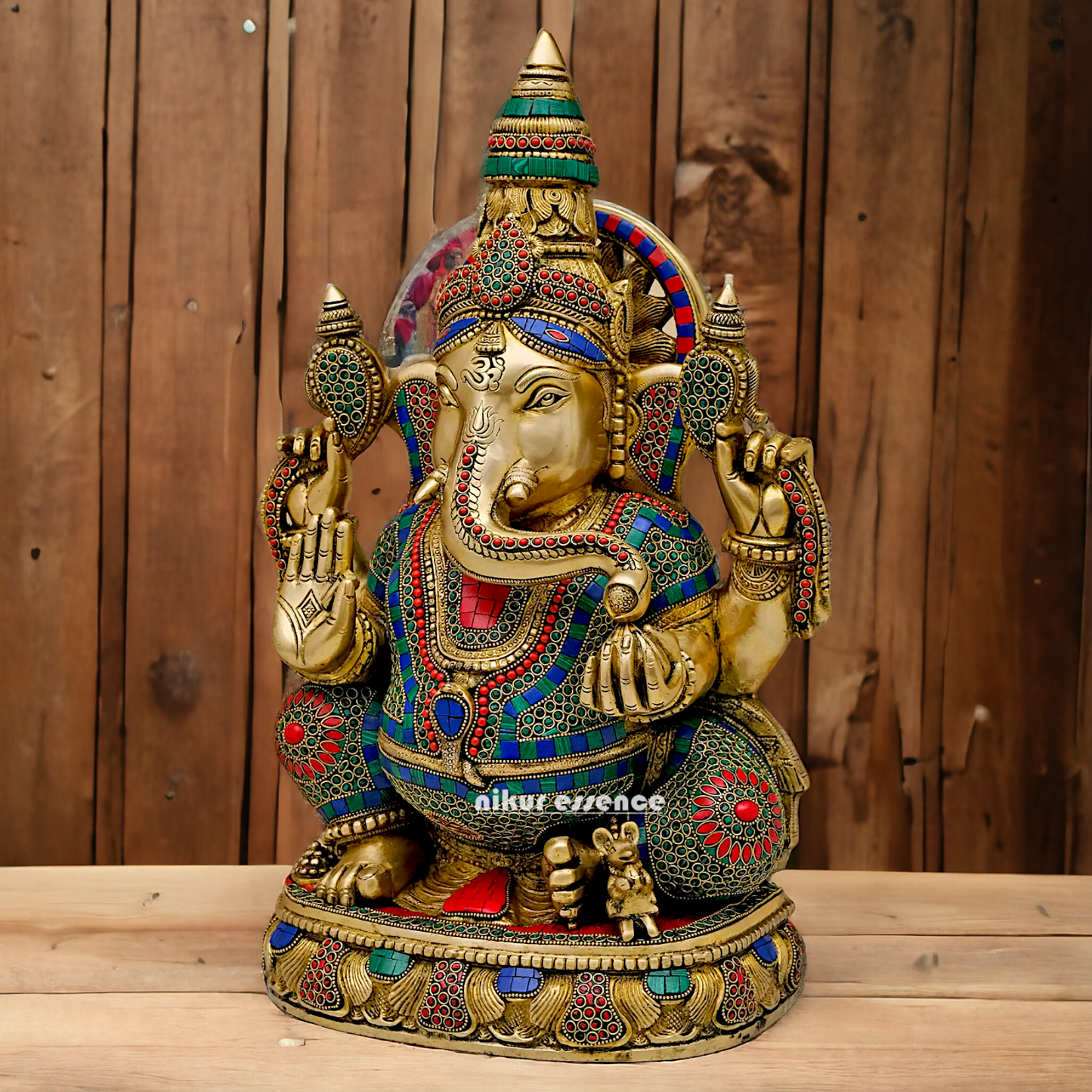Large Ganpati Sitting Brass with Stone Work idol - 20 Inch Nikuressence