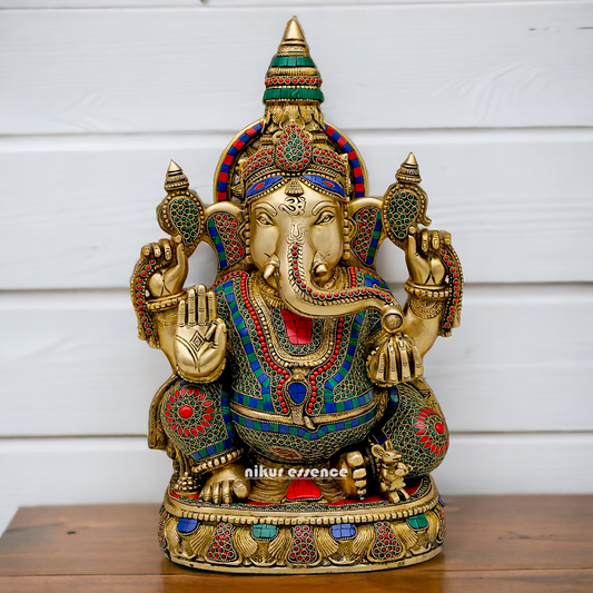 Large Ganpati Sitting Brass with Stone Work idol - 20 Inch Nikuressence