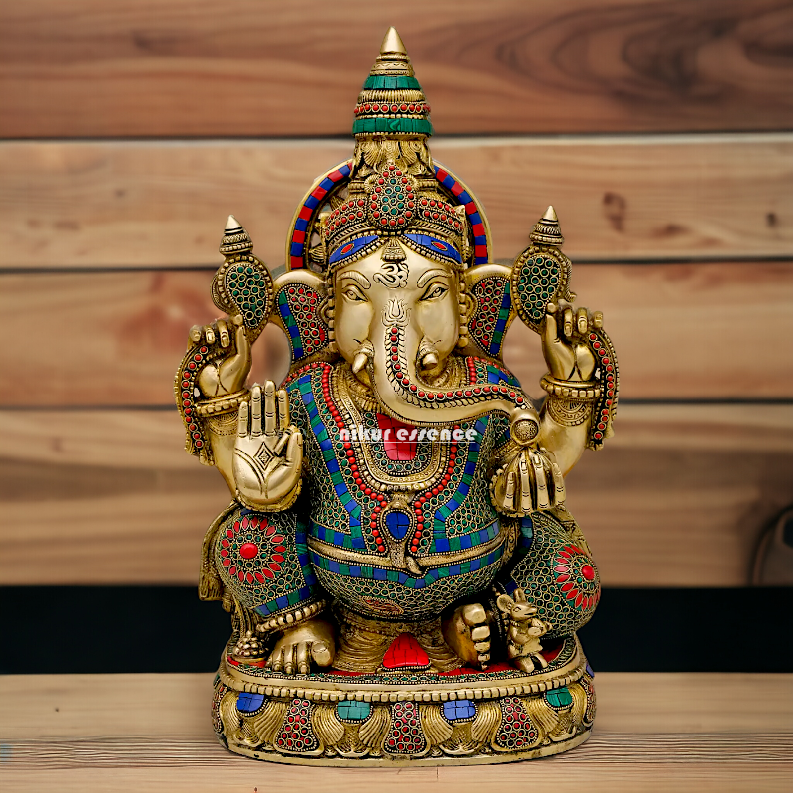 Large Ganpati Sitting Brass with Stone Work idol - 20 Inch Nikuressence