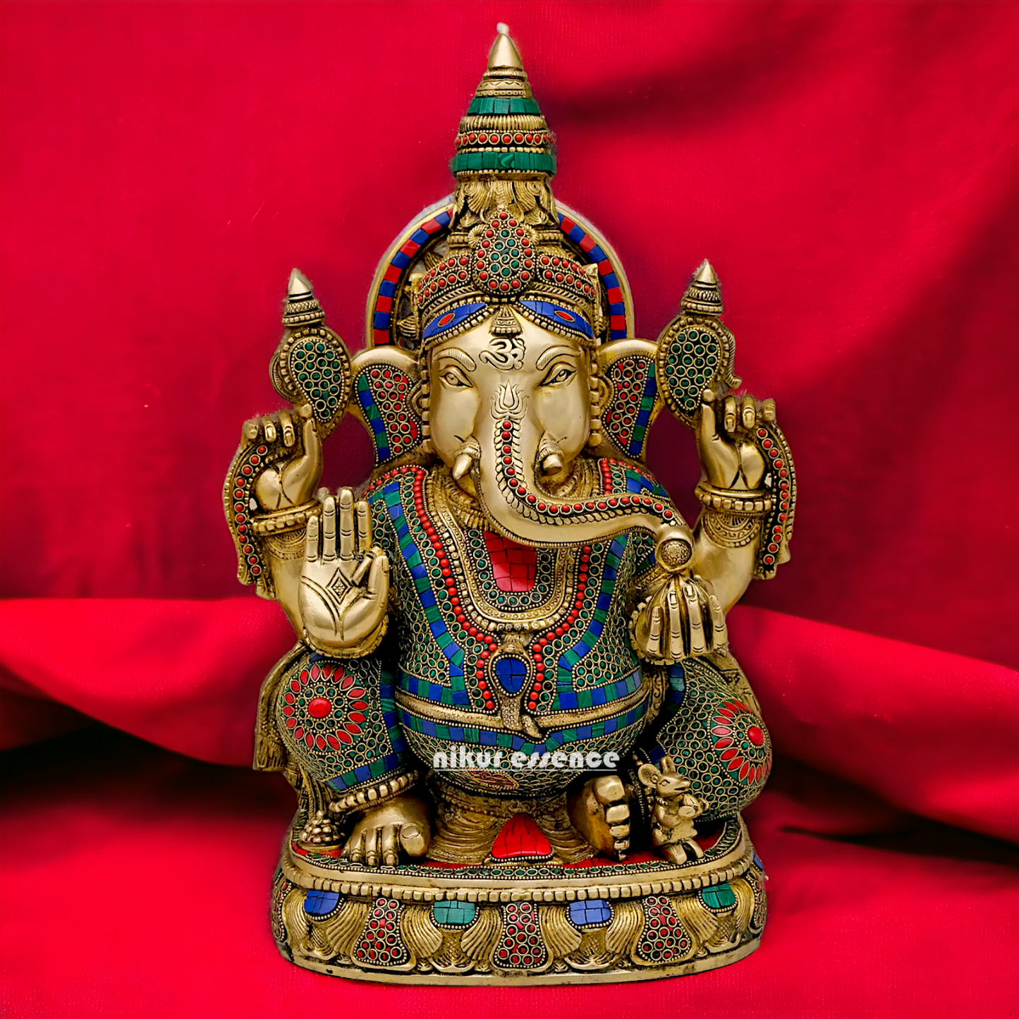 Large Ganpati Sitting Brass with Stone Work idol - 20 Inch Nikuressence