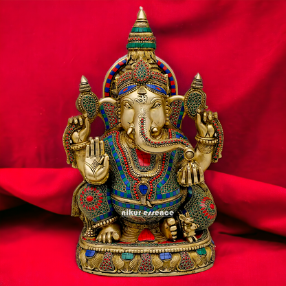 Large Ganpati Sitting Brass with Stone Work idol - 20 Inch Nikuressence