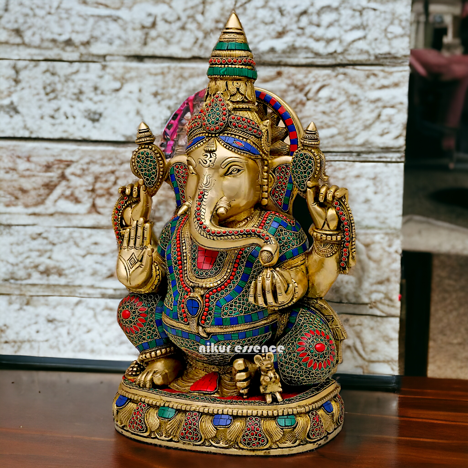 Large Ganpati Sitting Brass with Stone Work idol - 20 Inch Nikuressence