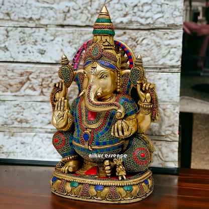 Large Ganpati Sitting Brass with Stone Work idol - 20 Inch Nikuressence