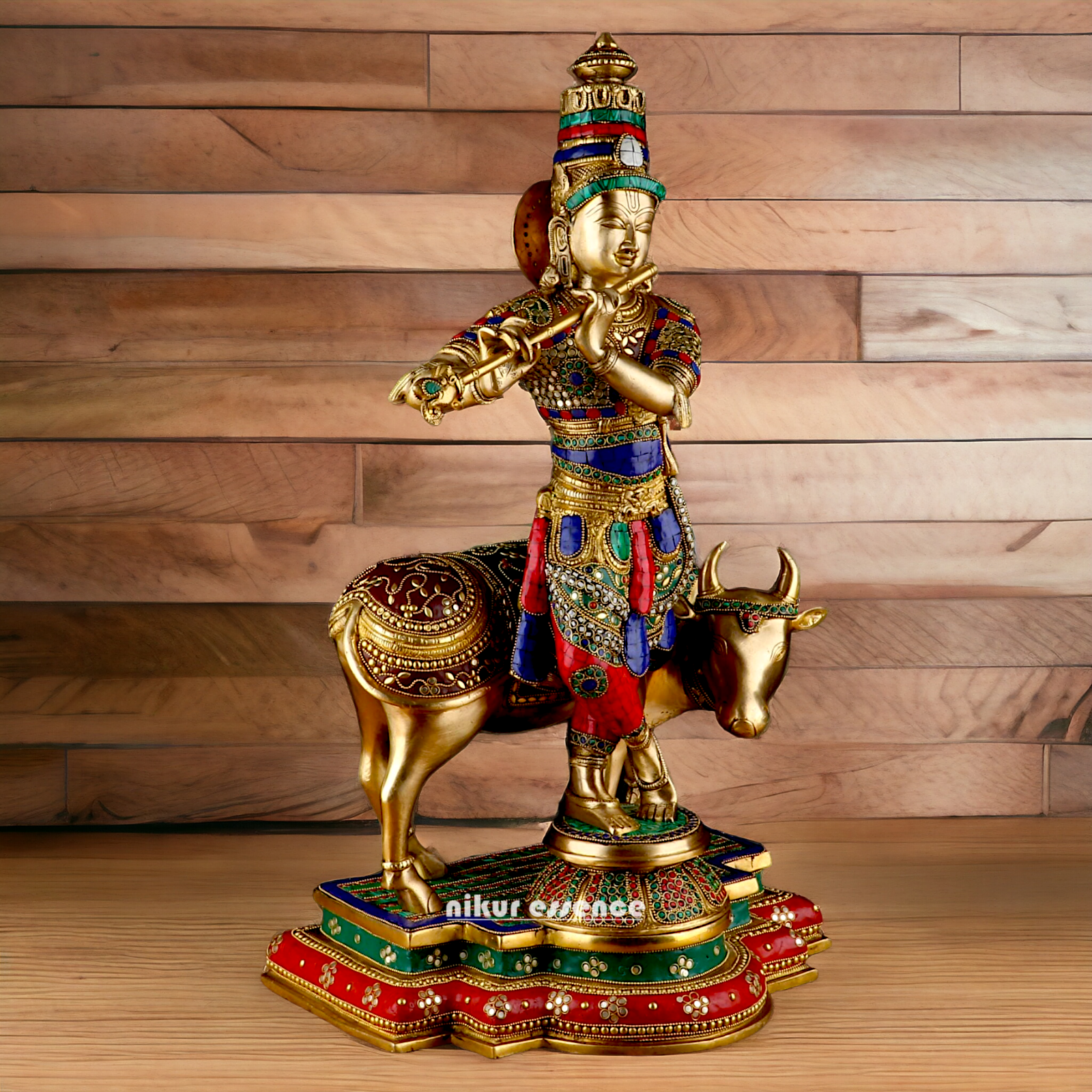 Lord Krishna with cow brass with Stone Work idol - 26.5 Inch Nikuressence