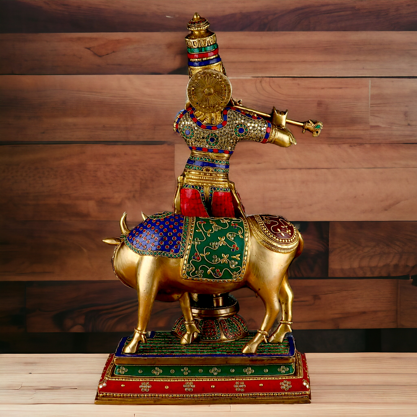 Lord Krishna with cow brass with Stone Work idol - 26.5 Inch Nikuressence