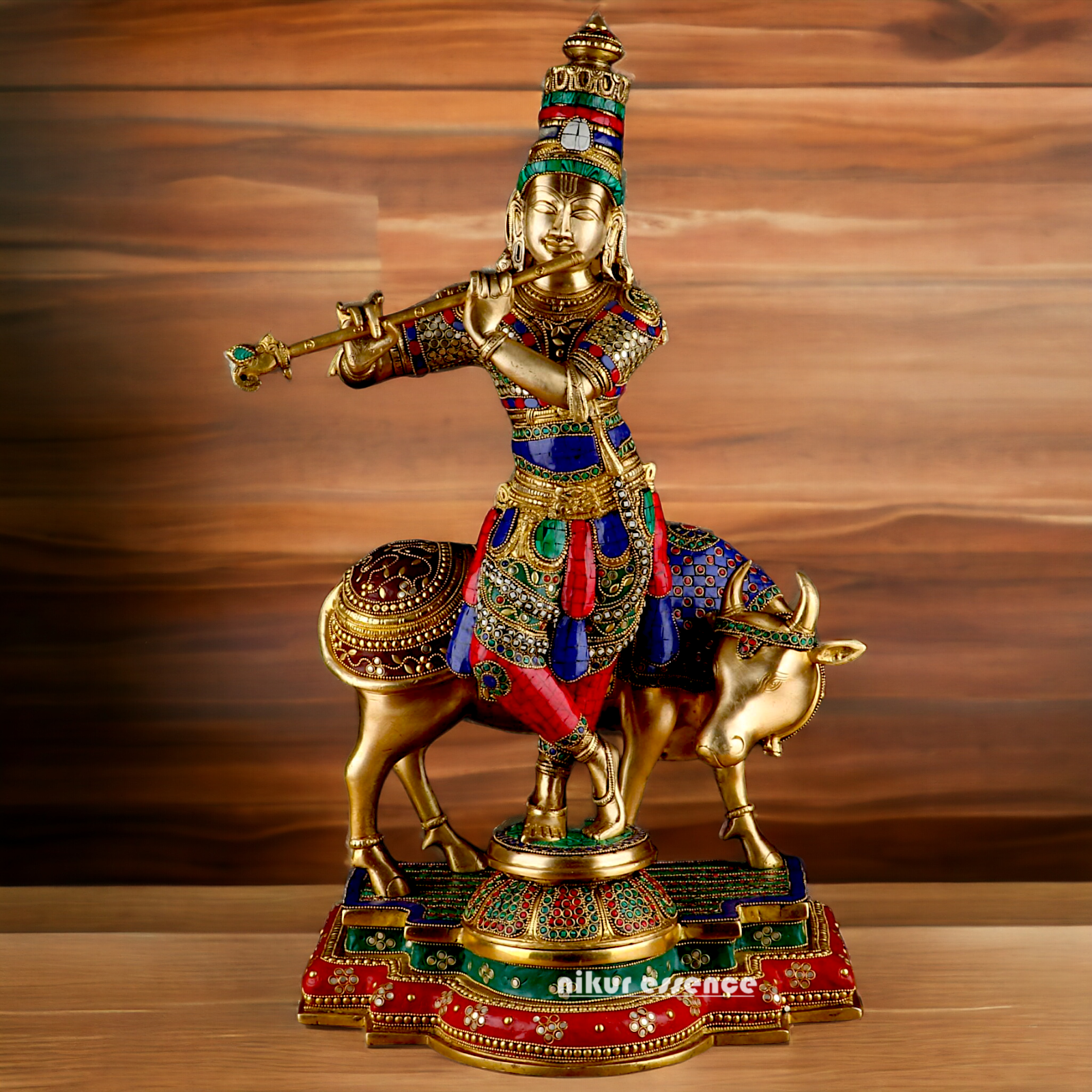 Lord Krishna with cow brass with Stone Work idol - 26.5 Inch Nikuressence