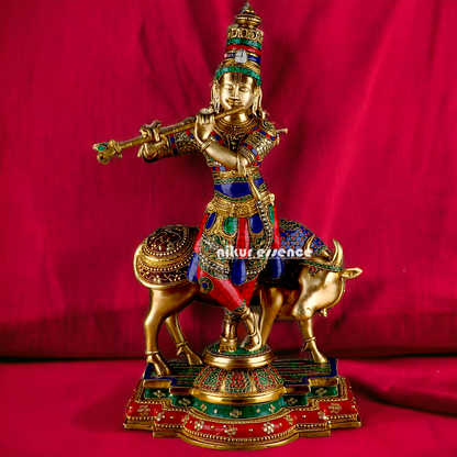 Lord Krishna with cow brass with Stone Work idol - 26.5 Inch Nikuressence