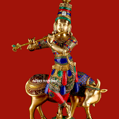 Lord Krishna with cow brass with Stone Work idol - 26.5 Inch Nikuressence