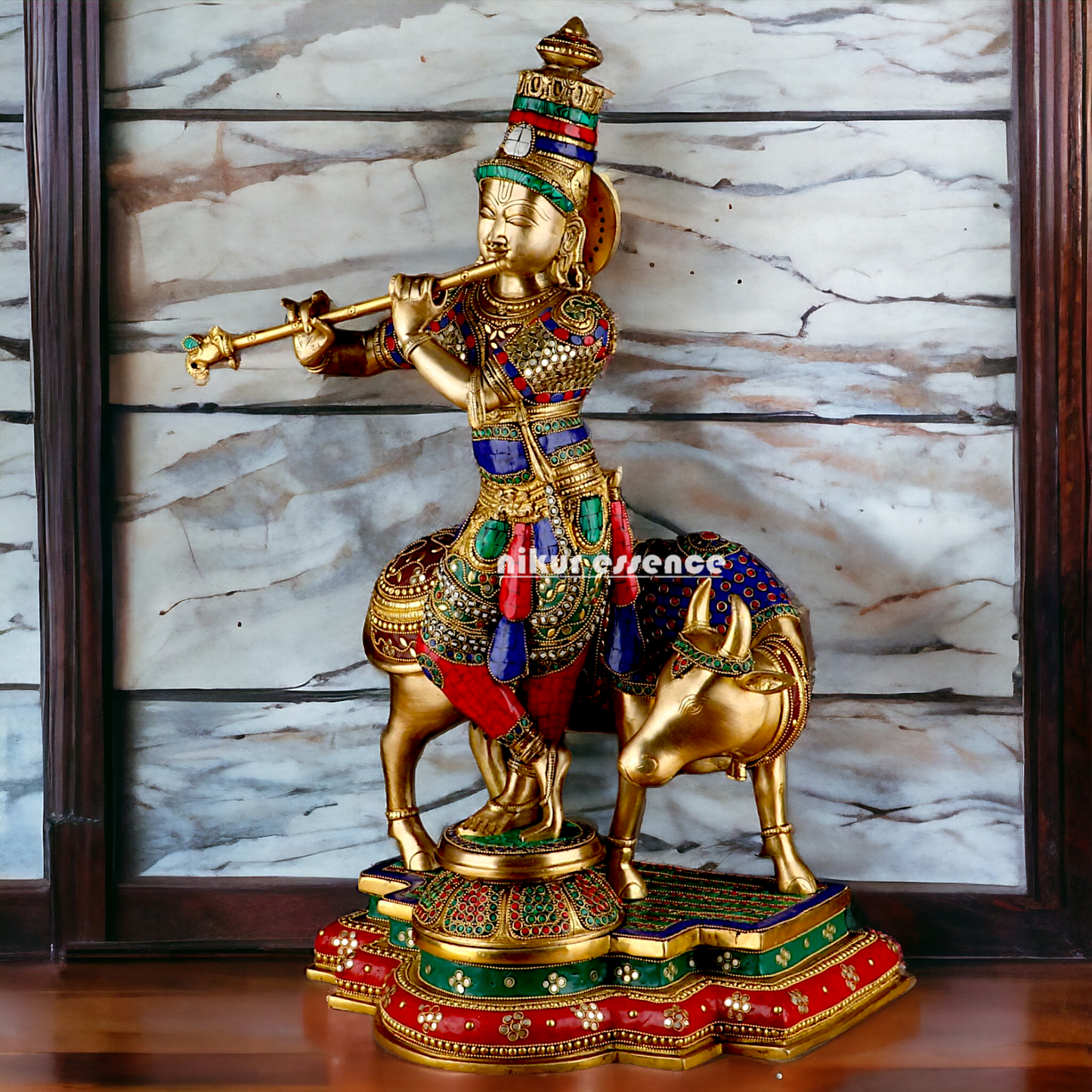 Lord Krishna with cow brass with Stone Work idol - 26.5 Inch Nikuressence