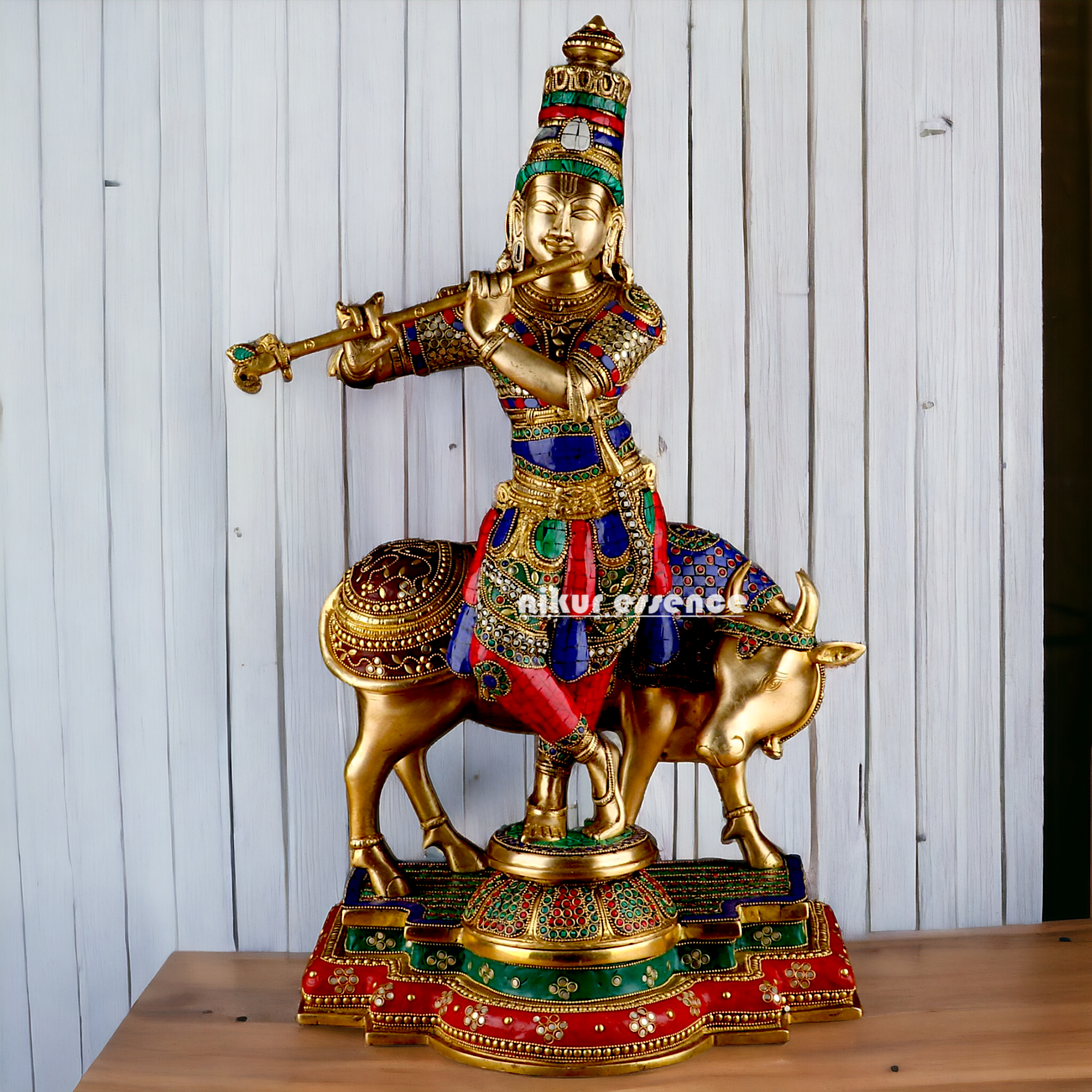 Lord Krishna with cow brass with Stone Work idol - 26.5 Inch Nikuressence