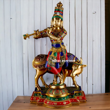 Lord Krishna with cow brass with Stone Work idol - 26.5 Inch Nikuressence