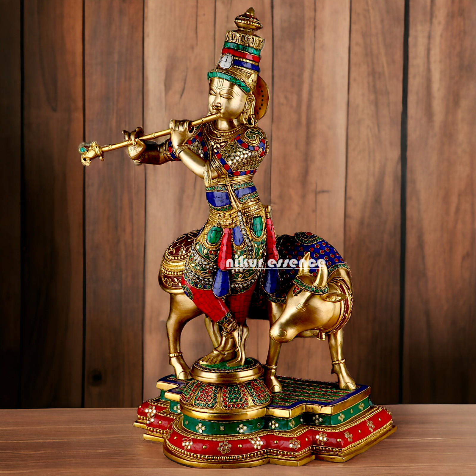 Lord Krishna with cow brass with Stone Work idol - 26.5 Inch Nikuressence