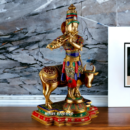 Lord Krishna with cow brass with Stone Work idol - 26.5 Inch Nikuressence
